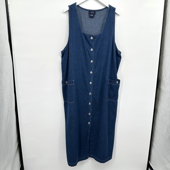 Vintage 90s Maxi Denim Dress 24W Button Front Pockets Cottagecore Prairie Grunge